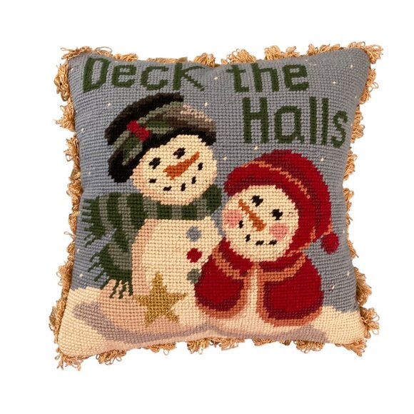 Christmas Snowman Deck The Halls Needlepoint Pillow With Tassels - Picture 1 of 6
